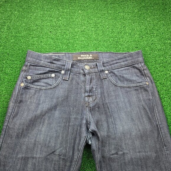 Rock & Republic Jeans Mens 33x34 Blue Denim Straight Leg Dark Wash Button Fly - Picture 3 of 14